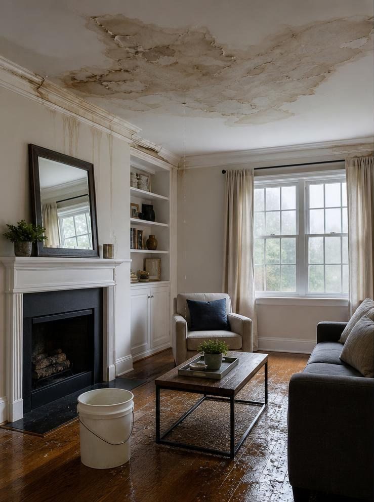 Water-stained ceiling before repair in Madison NJ